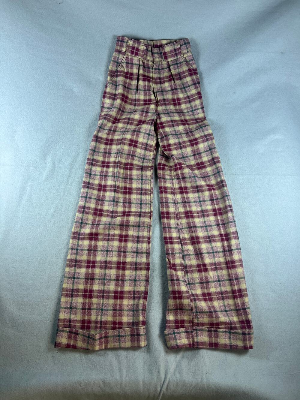 Vintage Womens Plaid Wide Leg Trousers 23x31 High Waist Pleated Red Yellow Pants
